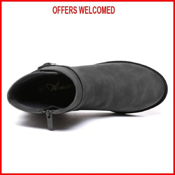 Women's Chunky Low Heel Ankle Boots Round Toe Buckle Leather Booties - Picture 6 of 8